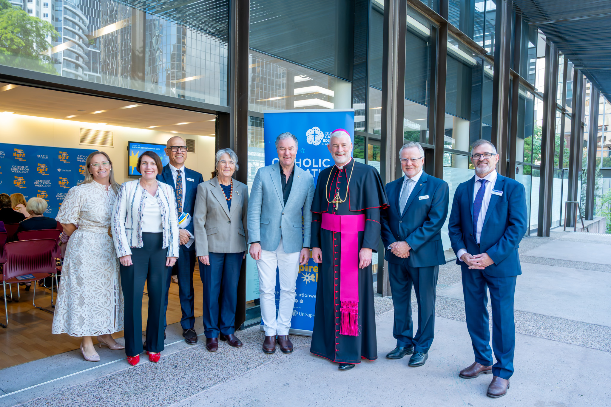 Director of People and Engagement Services Diocese of Toowoomba Catholic Schools Rosie Gillespie, Executive Director at Townsville Catholic Education Jacqui Francis, CEO Catholic Education Queensland Limited Allan Blagaich, CEQL Chair Madeline Brennan KC, Queensland Minister for Education and the Arts John-Paul Langbroek MP, Archbishop Shane Mackinlay, BCE Acting Executive Director Ross Tarlinton, Executive Director of the Catholic Education Diocese of Cairns Durm O'Riordan.