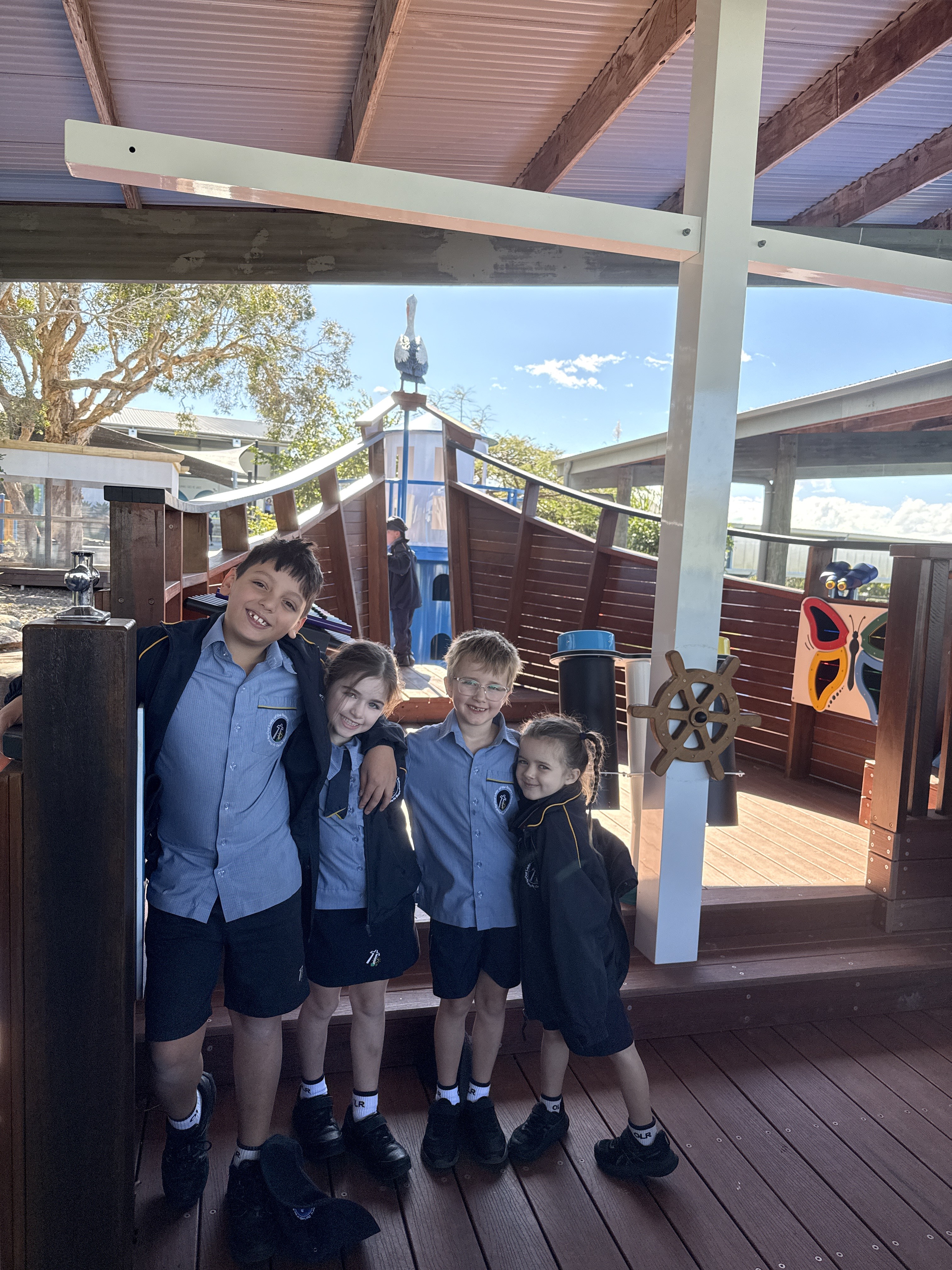 Our Lady of the Rosary School, Caloundra students play on a timber ship.
